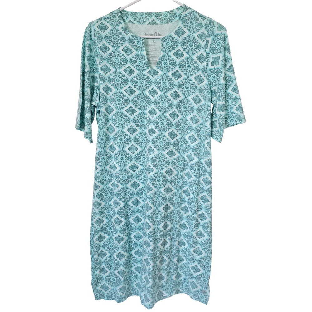 Hang Ten Women's Aqua Geometric Print UV Protection Tunic Dress Small‎ Vacation